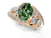 Halo Engagement Ring Setting for Fancy Green Oval Center with Marquise and Pave Bypass Band and Prong Head in Rose Gold