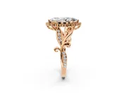 Halo Engagement Ring Setting for Marquise Center with Leaf Motif Split Shank and Prong Head in Rose Gold