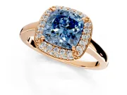 Halo Engagement Ring Setting for Fancy Blue Cushion Cut Center with Plain Tapered Band and Prong Head in Rose Gold