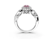 Milgrain Halo Engagement Ring Setting for Fancy Pink Emerald Cut Center with Shoulder Bezels and Prong Head in White Gold