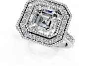 Halo Engagement Ring Setting for Asscher Cut Center with Milgrain Frame, Pave Band and Prong Head in Platinum