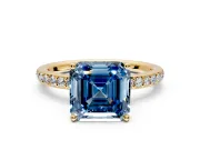 Solitaire Engagement Ring Setting for Fancy Blue Asscher Cut Center with Fine Pave Band and Prong Head in Yellow Gold