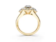 Halo Engagement Ring Setting for Emerald Cut Center with Two-Strand Split Shank and Prong Head in Yellow Gold