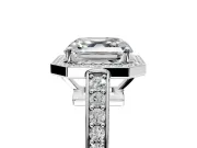 Bezel-Framed Halo Engagement Ring Setting for Asscher Cut Center with Pave Band and Prong Head in White Gold