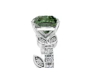 Leaf Motif Engagement Ring Setting for Fancy Green Cushion Cut Center with Pave Band and Prong Head in Platinum