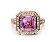 Halo Engagement Ring Setting for Fancy Pink Asscher Cut Center with Outer Bezel Rim, Pave Band and Prong Head in Rose Gold