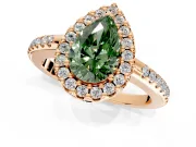 Pave Halo Engagement Ring Setting for Fancy Green Pear-Shaped Center with Single Row Pave Band and Prong Head in Rose Gold