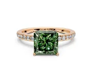 Solitaire Engagement Ring Setting for Fancy Green Princess Cut Center with Fine Pave Band and Prong Head in Rose Gold