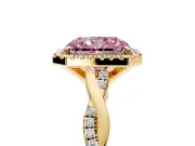 Halo Engagement Ring Setting for Fancy Pink Radiant Cut Center with Pave and Plain Twist Band and Prong Head in Yellow Gold