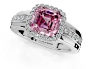 Halo Engagement Ring Setting for Fancy Pink Asscher Cut Center with Wide Band, Inlaid Accent Row and Prong Head in Platinum