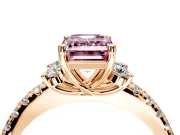 Paired Accent Engagement Ring Setting for Fancy Pink Emerald Cut Center with Pave Band and Prong Head in Rose Gold