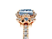 Halo Engagement Ring Setting for Fancy Blue Princess Cut Center with Openwork Halo, Pave Band and Prong Head in Rose Gold
