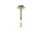 Halo Engagement Ring Setting for Fancy Blue Cushion Cut Center with Raised Halo, Pave Band and Prong Head in Yellow Gold