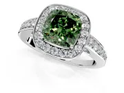 Bezel-Framed Halo Engagement Ring Setting for Fancy Green Cushion Cut Center with Pave Band and Prong Head in White Gold