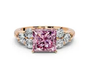 Cluster Engagement Ring Setting for Fancy Pink Princess Cut Center with Round Cut Accent Frame and Prong Head in Rose Gold