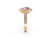Halo Engagement Ring Setting for Fancy Pink Oval Center with Milgrain Channel Band and Prong Head in Rose Gold