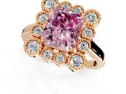 Cluster Halo Engagement Ring Setting for Fancy Pink Radiant Cut Center with Milgrain Bezel Accents and Prong Head in Rose Gold