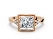 Cluster Engagement Ring Setting for Princess Cut Center with Milgrain Shoulder Clusters and Prong Head in Rose Gold