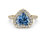 Halo Engagement Ring Setting for Fancy Blue Heart-Shaped Center with Narrowing Pave Band and Prong Head in Yellow Gold