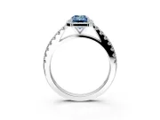Halo Engagement Ring Setting for Fancy Blue Emerald Cut Center with Full Pave Band and Prong Head in Platinum