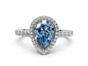 Halo Engagement Ring Setting for Fancy Blue Pear-Shaped Center with Inner Milgrain Border and Prong Head in Sterling Silver