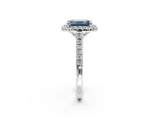 Halo Engagement Ring Setting for Fancy Blue Emerald Cut Center with Raised Halo, Pave Band and Prong Head in Sterling Silver