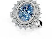 Halo Engagement Ring Setting for Fancy Blue Oval Center with Milgrain Bezel Rim, Plain Band and Prong Head in Platinum