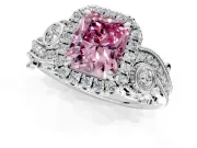 Milgrain Halo Engagement Ring Setting for Fancy Pink Radiant Cut Center with Shoulder Bezels and Prong Head in Platinum