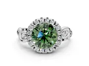 Halo Engagement Ring Setting for Fancy Green Round Cut Center with Open Scroll Shoulders and Prong Head in Platinum