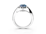 Bezel-Framed Halo Engagement Ring Setting for Fancy Blue Round Cut Center with Pave Band and Prong Head in Platinum
