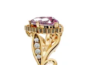Halo Engagement Ring Setting for Fancy Pink Heart-Shaped Center with Leaf Motif Split Shank and Prong Head in Yellow Gold