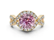 Halo Engagement Ring Setting for Fancy Pink Round Cut Center with Pave Infinity Twist Band and Prong Head in Yellow Gold