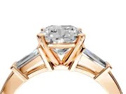 3 Stone Engagement Ring Setting for Cushion Cut Center with Channel Baguette Accents and Prong Head in Rose Gold