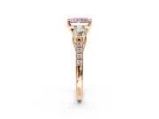 3 Stone Engagement Ring Setting for Fancy Pink Radiant Cut Center with Crossover Basket, Pave Band and Prong Head in Rose Gold
