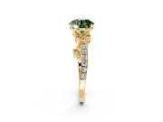 Leaf Motif Engagement Ring Setting for Fancy Green Round Cut Center with Pave Band and Prong Head in Yellow Gold
