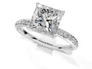 Solitaire Engagement Ring Setting for Princess Cut Center with Fine Pave Band and Prong Head in Platinum