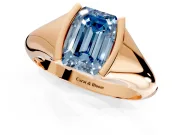 Tension Engagement Ring Setting for Fancy Blue Emerald Cut Center with Wide Tapered Band and Tension Head in Rose Gold