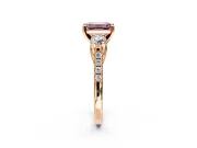 3 Stone Engagement Ring Setting for Fancy Pink Emerald Cut Center with Crossover Basket, Pave Band and Prong Head in Rose Gold