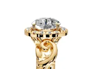 Halo Engagement Ring Setting for Round Cut Center with Open Scroll Shoulders and Prong Head in Yellow Gold