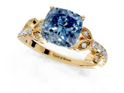 Leaf Motif Engagement Ring Setting for Fancy Blue Cushion Cut Center with Pave Band and Prong Head in Yellow Gold