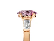 3 Stone Engagement Ring Setting for Fancy Pink Oval Center with Channel Baguette Accents and Prong Head in Rose Gold