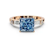 Bar-Set Engagement Ring Setting for Fancy Blue Princess Cut Center with Tapered Baguette Accents and Prong Head in Rose Gold