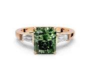 3 Stone Engagement Ring Setting for Fancy Green Radiant Cut Center with Channel Baguette Accents and Prong Head in Rose Gold