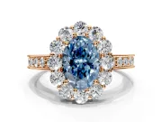Halo Engagement Ring Setting for Fancy Blue Oval Center with Milgrain Channel Band and Prong Head in Rose Gold