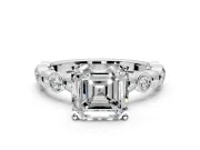 Solitaire Engagement Ring Setting for Asscher Cut Center with Beaded Bezel Station Band and Prong Head in Platinum