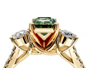 3 Stone Engagement Ring Setting for Fancy Green Emerald Cut Center with Crossover Basket, Pave Band and Prong Head in Yellow Gold