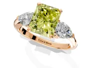 3 Stone Engagement Ring Setting for Fancy Yellow Radiant Cut Center with Large Pear-Shaped Accents and Prong Head in Rose Gold
