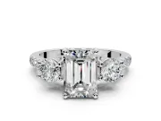 3 Stone Engagement Ring Setting for Emerald Cut Center with Crossover Basket, Pave Band and Prong Head in Platinum