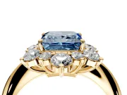 Small-Accent Cluster Halo Engagement Ring Setting for Fancy Blue Princess Cut Center with Plain Band and Prong Head in Yellow Gold
