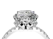 Halo Engagement Ring Setting for Princess Cut Center with Openwork Halo, Pave Band and Prong Head in Platinum